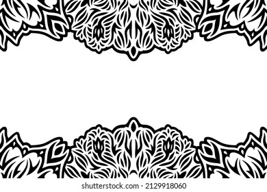 Beautiful monochrome tribal vector background with abstract black vintage floral border and white copy space