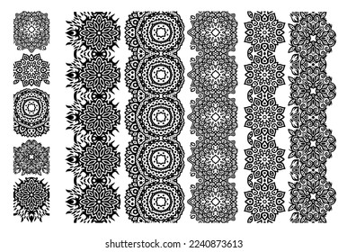 Beautiful monochrome tribal vector illustration with black oriental seamless paint brushes set isolated on the white background