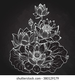 Beautiful monochrome vector floral bouquet of lotus flowers and leaves in graphic style. 