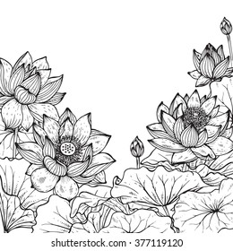 Beautiful monochrome vector floral frame with lotus flowers and leaves in graphic style. 