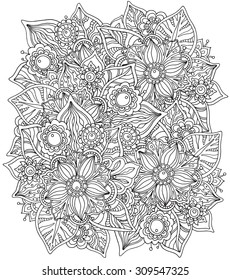 Beautiful monochrome vector floral pattern in doodle style