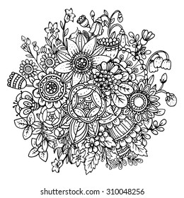 Beautiful monochrome vector floral pattern in doodle style