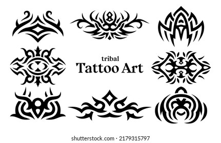 Beautiful monochrome vector illustration with abstract black tribal tattoo patterns set isolated on the white background