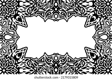 Beautiful monochrome vector illustration with abstract black vintage tribal border and white copy space