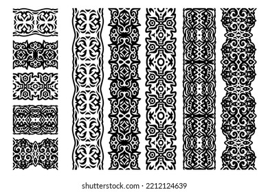 Beautiful monochrome vector illustration with abstract black tribal vintage seamless paint brushes set isolated on the white background