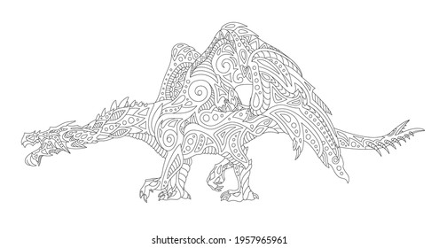 Beautiful monochrome vector illustration for adult fantasy coloring book page with cartoon stylized angry dragon silhouette isolated on the white background