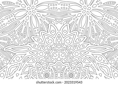 Beautiful monochrome vector illustration for adult coloring book with abstract linear pattern on the white background