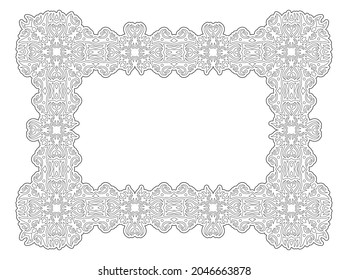 Beautiful monochrome vector illustration for adult coloring book page with abstract rectangle tribal frame isolated on the white background