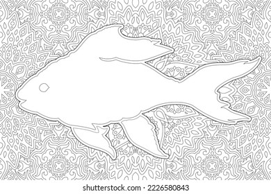 Beautiful monochrome vector illustration for adult coloring book page with white fish silhouette on the vintage oriental background