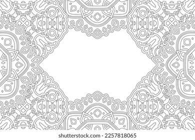 Beautiful monochrome vector illustration for adult coloring book page with abstract linear border and white copy space