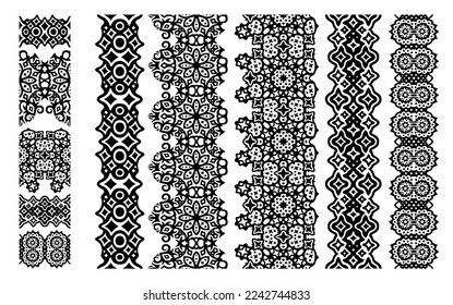 Beautiful monochrome vector illustration with black tribal ornate seamless paint brushes set isolated on the white background