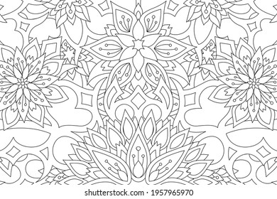 Beautiful monochrome vector illustration for coloring book with linear floral pattern