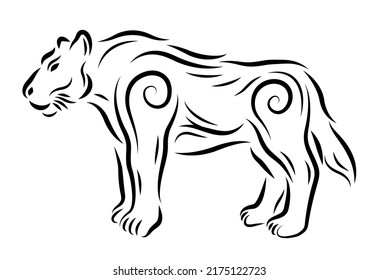 Beautiful Monochrome Vector Illustration With Hand Drawn Vintage Wild Cat Silhouette On The White Background