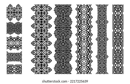 Beautiful monochrome vector ilustration with abstract black tribal geometric seamless paint brushes set isolated on the white background