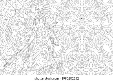 Beautiful monochrome vector linear illustration for coloring book with stylized cartoon mermaid warrior on the abstract pattern