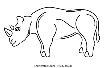 Hermosa ilustración lineal vectorial monocromática con silueta rinoceronte estilizada aislada en el fondo blanco