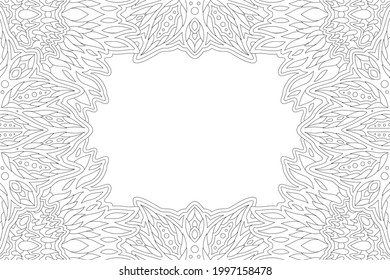 Beautiful monochrome vector linear illustration for adult coloring book page with abstract floral border and white copy space