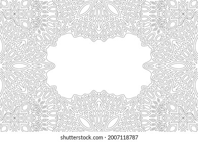 Beautiful monochrome vector linear illustration for adult coloring book page with abstract eastern border and white copy space