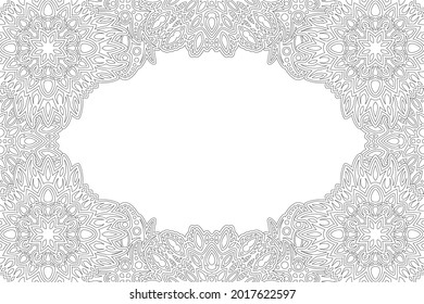 Hermosa ilustración lineal vectorial monocromática para página de libros de coloración para adultos con borde de vintage abstracto y espacio de copia blanca