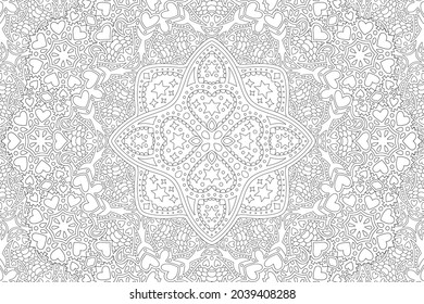 Hermosa ilustración lineal vectorial monocromática para libro de color para adultos con formas y estrellas cardíacas