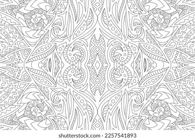Beautiful monochrome vector linear illustration for adult coloring book page with abstract vintage pattern on the white background