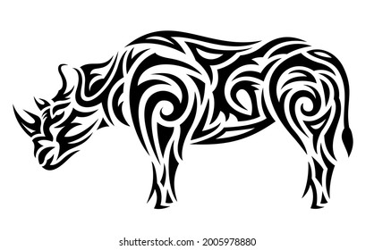 Beautiful monochrome vector tribal tattoo illustration with black stylized rhino silhouette isolated on the white background