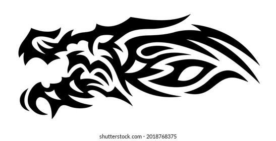 Beautiful monochrome vector tribal tattoo illustration with stylized black dragon head isolated on the white background