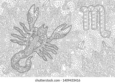 Beautiful monochrome zen art for coloring book page with zodiac sign scorpio