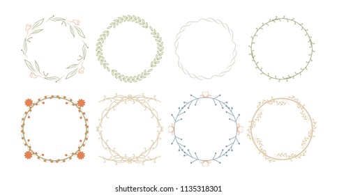 Beautiful monogram set with floral elements. Collection of wreaths, and frames with flowers and leaves for invitation cards decoration. Isolated vector illustration