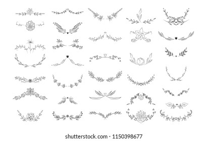 Beautiful monogram set with floral elements. Collection of wreaths, and frames with flowers and leaves for invitation cards decoration. Isolated vector illustration