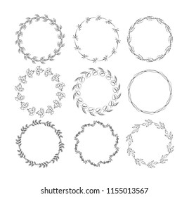 Beautiful monogram set with floral elements. Collection of hand drawn wreaths, and frames with flowers and leaves for invitation cards decoration. Isolated vector illustration