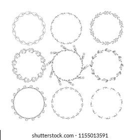 Beautiful monogram set with floral elements. Collection of hand drawn wreaths, and frames with flowers and leaves for invitation cards decoration. Isolated vector illustration