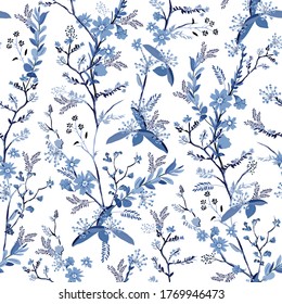 Beautiful monotone hand drawn botanical florals on blue shade seamless pattern in vector EPS10 ,Gentle and stylish design for fashion, fabric, wallpaper, wrapping and all prints on white .