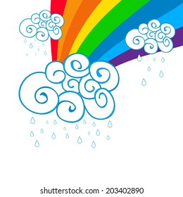 Beautiful monsoon season concept with floral design decorated clouds, raindrops and rainbow. 