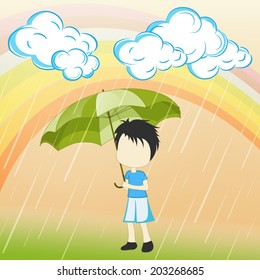 Beautiful monsoon season nature background with rainbows, clouds and cute little boy holding umbrella in rainy day. 