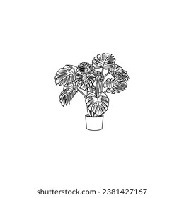 the beautiful monstera leaf in a pot. hand drawn on white background vector illustration. house plant in a pot.