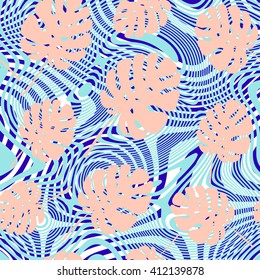 Beautiful monstera leaves tropical pattern on optical illusion striped background. Vector summer floral Opt Art abstract design.