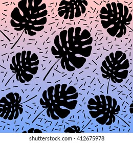 Beautiful monstera leaves tropical pattern on Rose quartz and serenity gradient background. Vector summer floral abstract design in memphis 80-90s style.