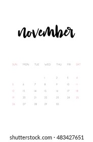 Beautiful monthly Calendar for 2017 Year. Printable and ready to use design template. Stylish monochrome stationery design. Week starts from Sunday. Vector calendar - November 2017