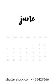 Beautiful monthly Calendar for 2017 Year. Printable and ready to use design template. Stylish monochrome stationery design. Week starts from Sunday. Vector calendar - June 2017