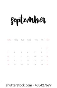 Beautiful monthly Calendar for 2017 Year. Printable and ready to use design template. Stylish monochrome stationery design. Week starts from Sunday. Vector calendar - September 2017