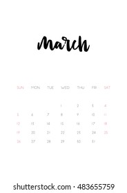 Beautiful monthly Calendar for 2017 Year. Printable and ready to use design template. Stylish monochrome stationery design. Week starts from Sunday. Vector calendar - March 2017