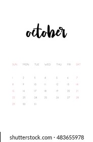 Beautiful monthly Calendar for 2017 Year. Printable and ready to use design template. Stylish monochrome stationery design. Week starts from Sunday. Vector calendar - October 2017