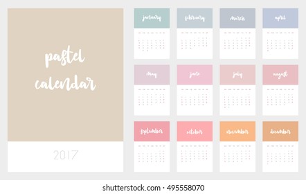 Beautiful monthly Calendar for 2017 Year. Printable and ready to use design template. Stylish Pastel stationery design. Week starts from Sunday. 
