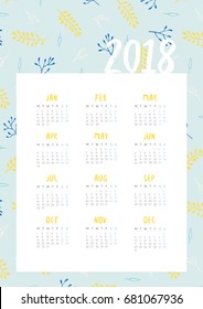 Beautiful monthly Calendar for 2018 Year. Printable and ready to use design template. Stylish Floral stationery design. Week starts from Monday. Elegant and simple vector calendar for 2018