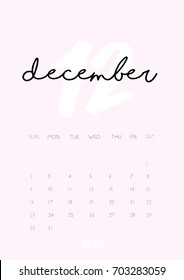 Beautiful monthly Calendar for December 2018 Year. Printable and ready to use design template. Stylish  stationery design. Week starts from Sunday. Minimal vector calendar for 2018