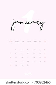 Beautiful monthly Calendar for January 2018 Year. Printable and ready to use design template. Stylish  stationery design. Week starts from Sunday. Minimal vector calendar for 2018