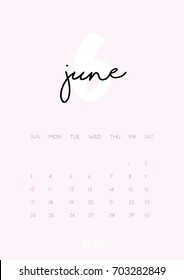 Beautiful monthly Calendar for June 2018 Year. Printable and ready to use design template. Stylish  stationery design. Week starts from Sunday. Minimal vector calendar for 2018