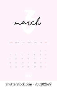 Beautiful monthly Calendar for March 2018 Year. Printable and ready to use design template. Stylish  stationery design. Week starts from Sunday. Minimal vector calendar for 2018