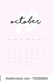 Beautiful monthly Calendar for October 2018 Year. Printable and ready to use design template. Stylish  stationery design. Week starts from Sunday. Minimal vector calendar for 2018